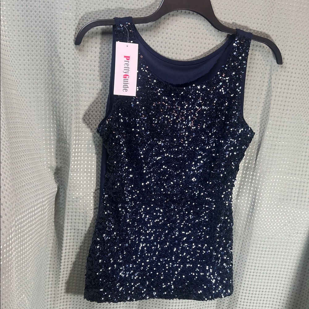 PrettyGuide Women's Sparkling Navy Sequin Tank Top
